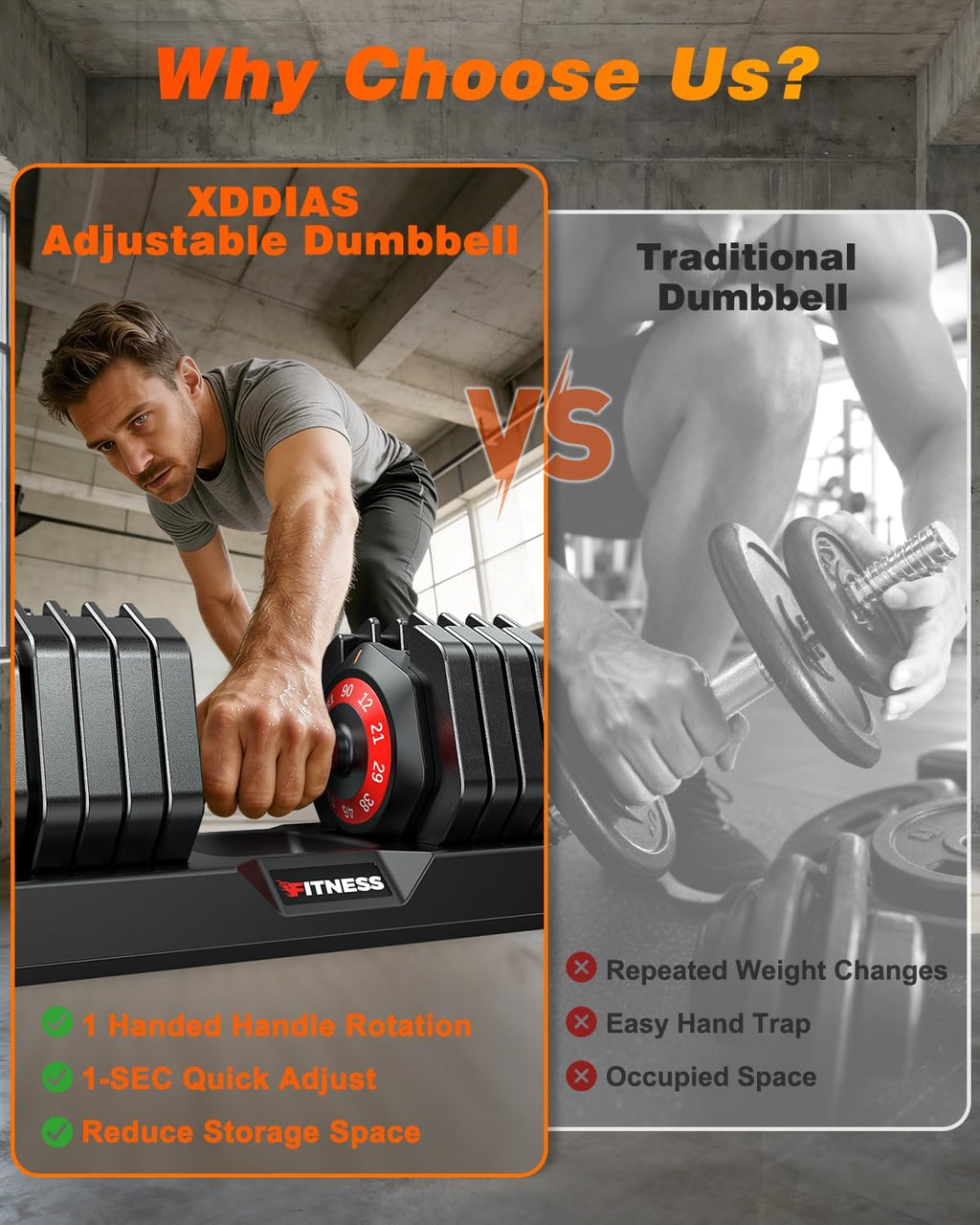 XDDIAS Adjustable Dumbbells Set of 2 for Strength Training, One-Hand Quick Adjust, 25/55/80/90 lbs Options, Anti-Slip Grip Handle, Compact Home Gym Weights for Men Women