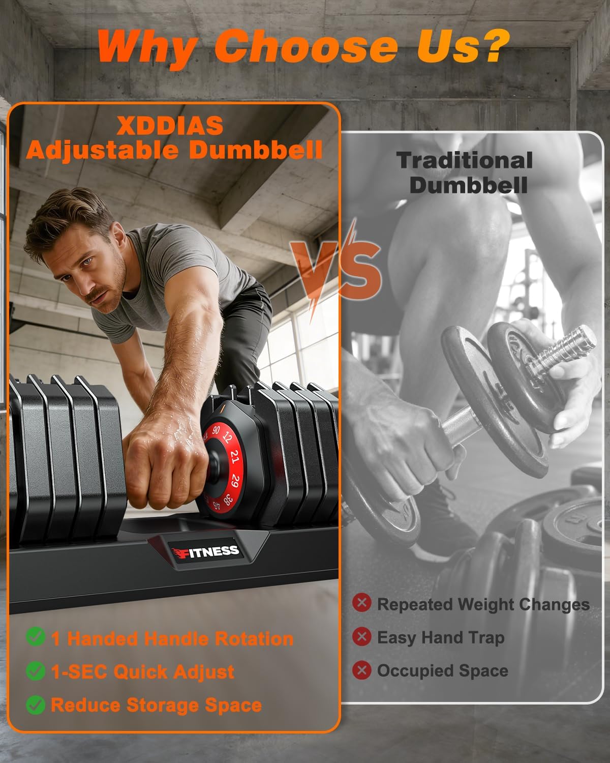 XDDIAS Adjustable Dumbbells Set of 2 for Strength Training, One-Hand Quick Adjust, 25/55/80/90 lbs Options, Anti-Slip Grip Handle, Compact Home Gym Weights for Men Women