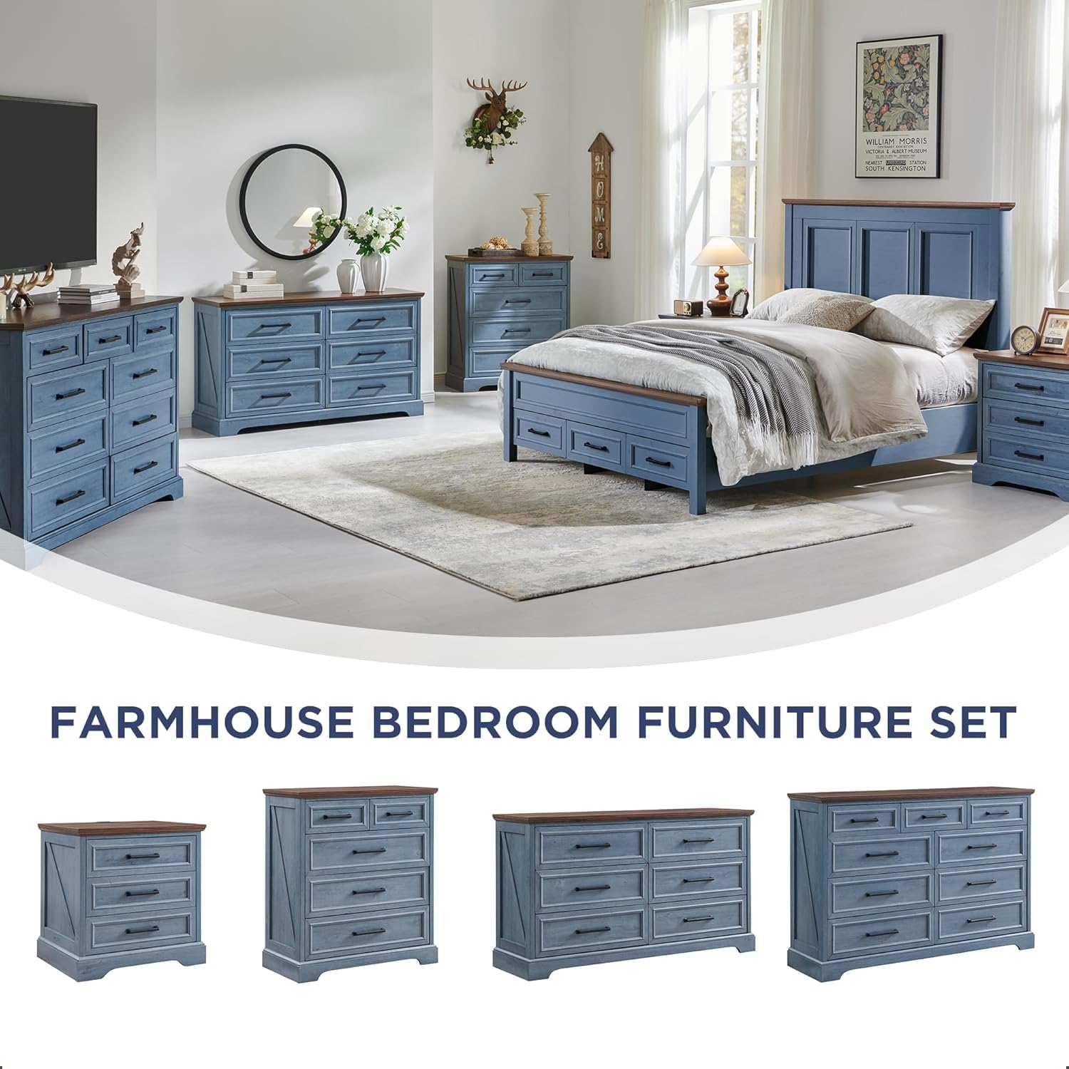 JXQTLINGMU 9 Drawers Dresser for Bedroom, Farmhouse 52'' Wide Dressers & Chests of Drawers w/Roman Column, Large Storage Dressers Organizer for Bedroom Hallway, Blue