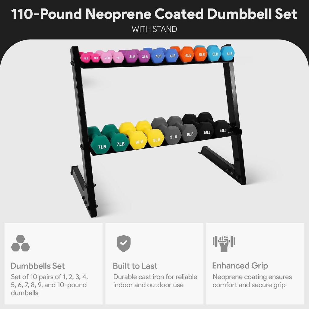 BalanceFrom Neoprene Coated Iron Dumbbell Hex Weights Set with Stand – Color-Coded or Black Options with Non-Slip Grip for Strength Training, Resistance Workouts, and Home Gym Fitness