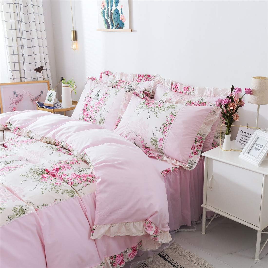 FADFAY Home Textile Pink Rose Floral Print Duvet Cover Bedding Set for Girls 4 Pieces Twin Size