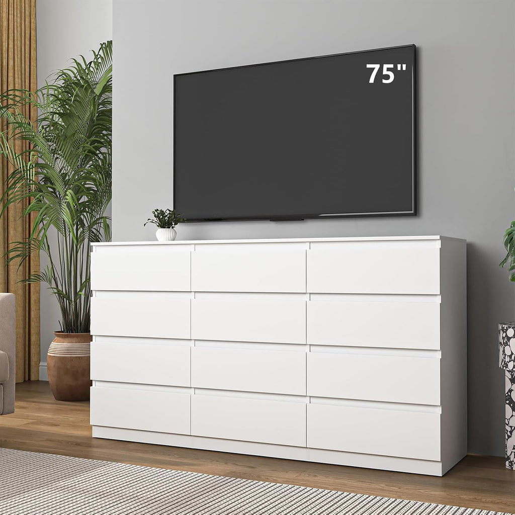 Vibe & Dine White Dresser 12 Drawer, Modern Long Dresser for Bedroom, Wood Chest of Drawers with Wide Storage for Living Room