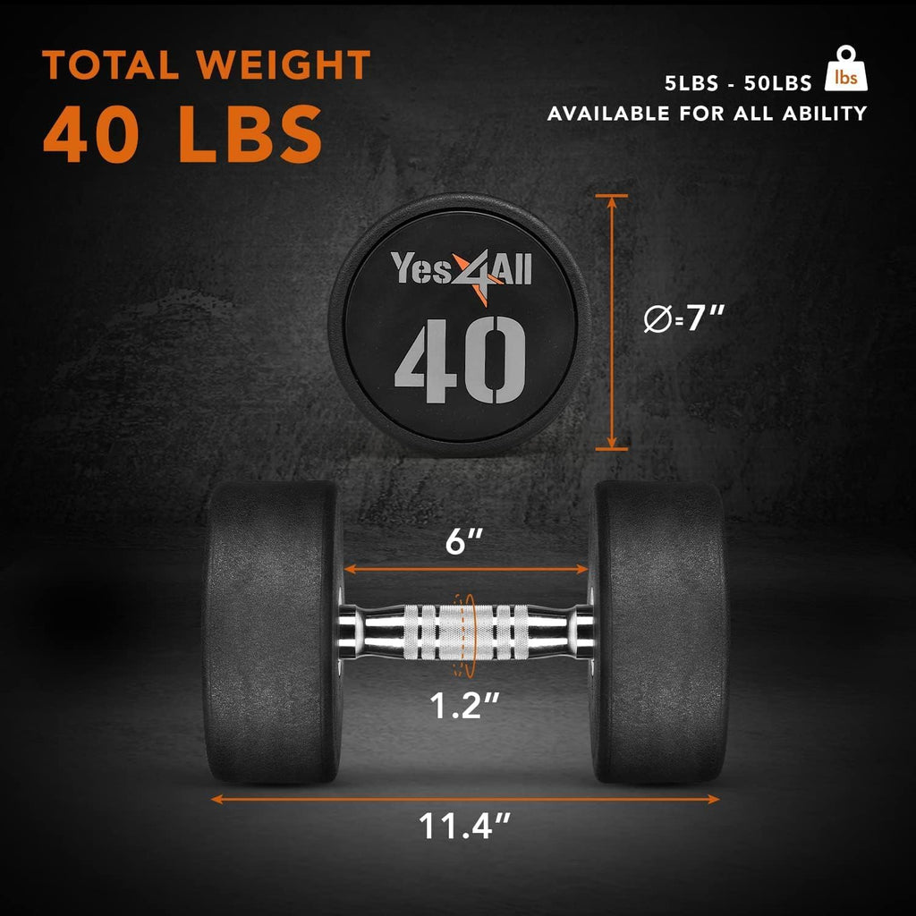 Yes4All Urethane Dumbbell with Anti-Slip Knurled Handle 5-50 LB for Muscle Building - Sold Individually