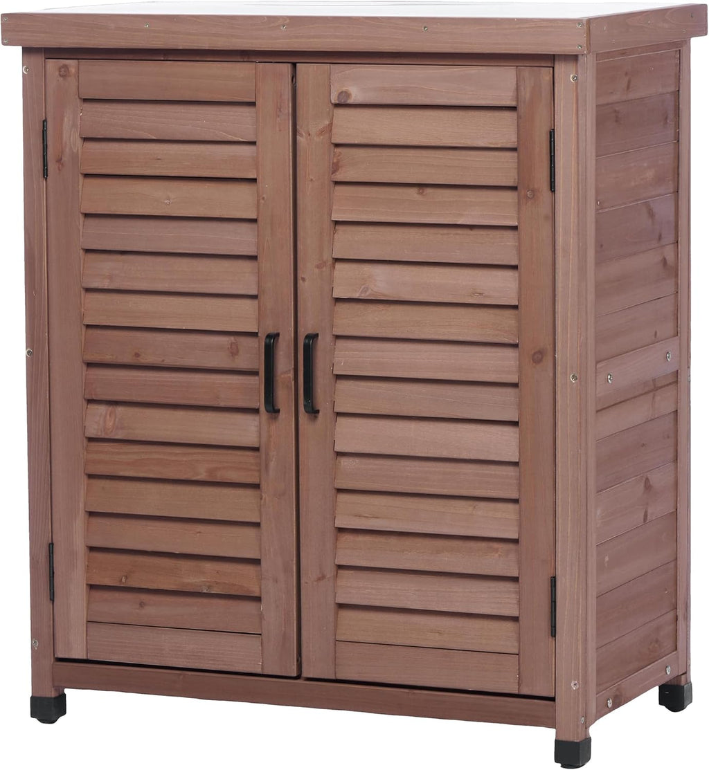 Potting Bench with Storage Cabinet and Metal Table Top for Outdoor Patio, GFurniture Wood Workstation Coffee 31.5x17x36''
