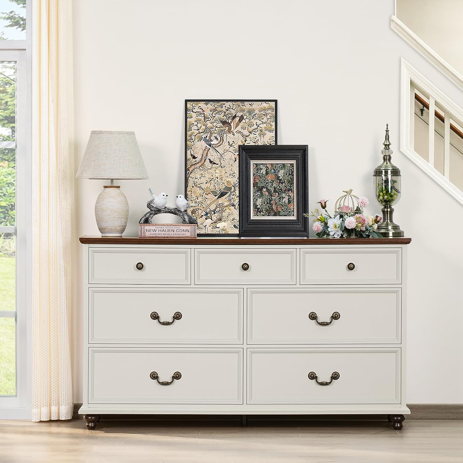 Joaxswe Farmhouse 54' 7 Drawers Dresser for Bedroom, White Wood Chest of Drawers w/ 4 Wooden Legs, Vintage Closet Storage Dressers Organizer for Hallway, Rustic Large TV Stand for Living Room, Foyer