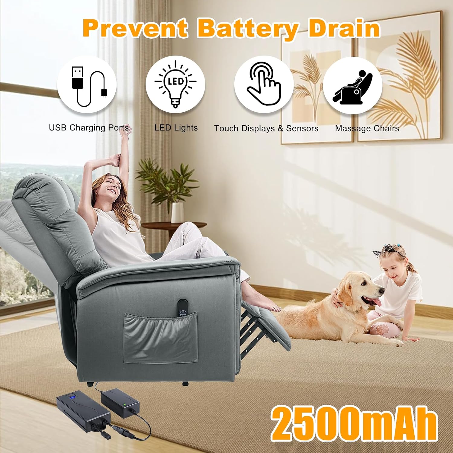 2 Rechargeable Battery Pack for Reclining Furniture, 2500mAh Wireless Recliner Battery Pack Charger for Electric Recliner, Sofas, Lift Chairs, Couch, only fit for 2-Pin Connection Reclining Furniture