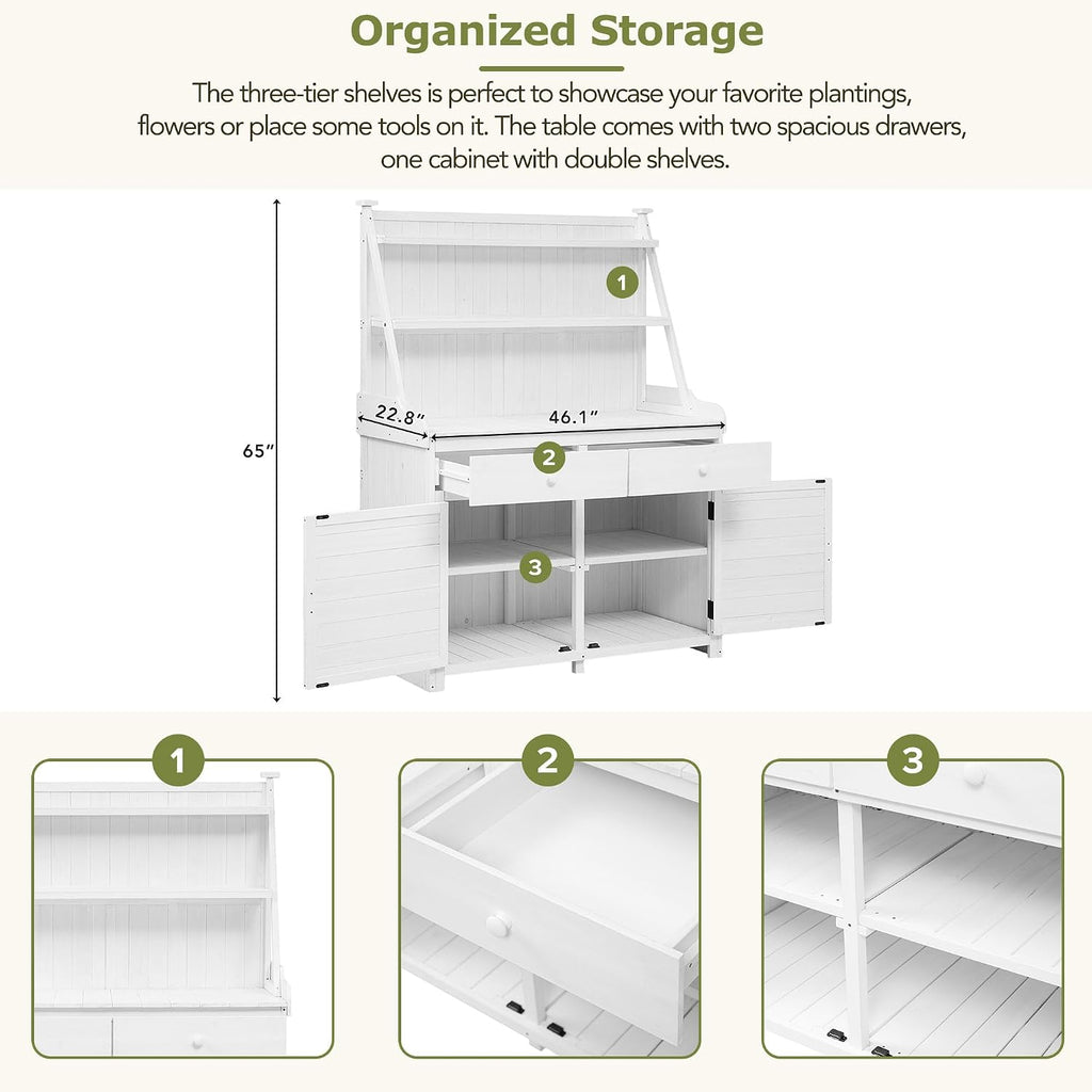 65 inch Garden Potting Bench with Storage Shelf, Drawer and Cabinet White Fir Wood Outdoor Plant Workstation Table, Heavy Duty Gardening Bench for Tools Organization Backyard Patio