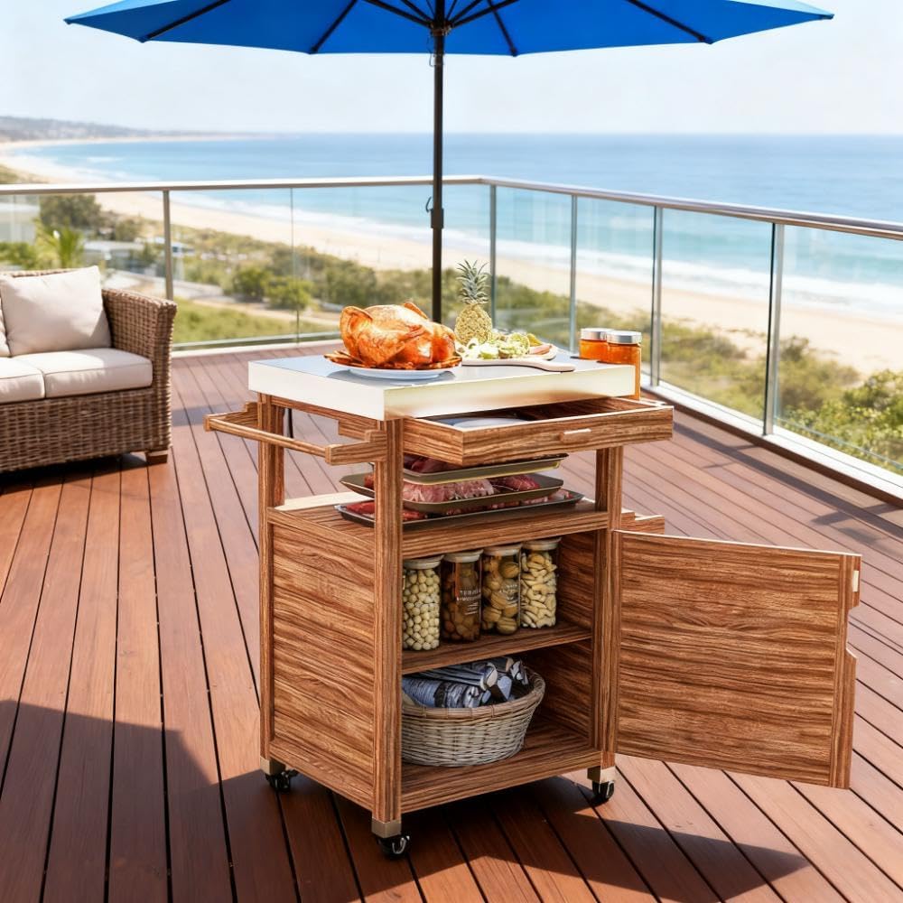 Outdoor Kitchen Island with Wheels, Solid Wood Outdoor Grill Table Cart with Stainless Steel Top, Storage Cabinet and Drawer, Food Prep Table with Side Handle for BBQ, Patio, Kitchen, Brown