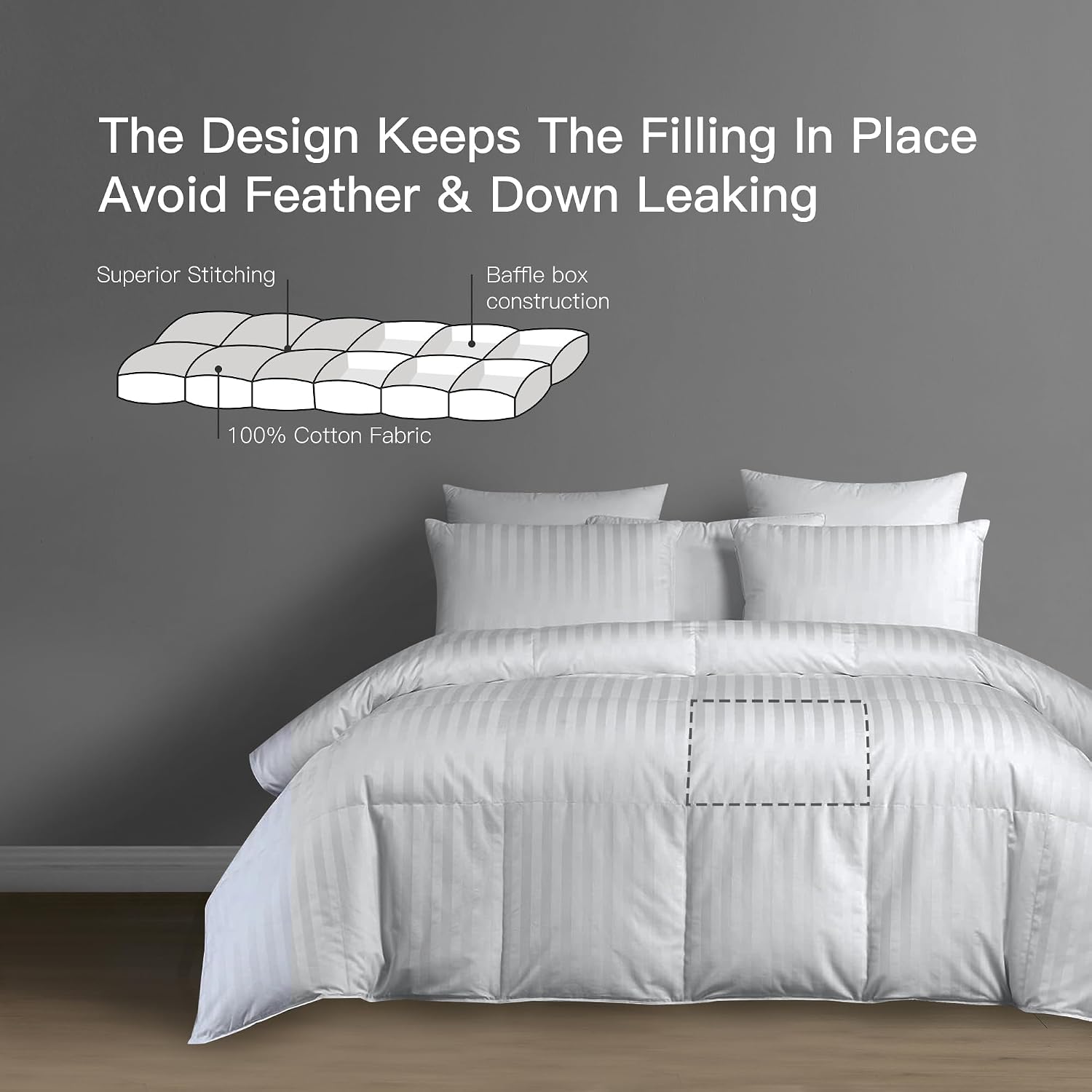 Hotel Grand Goose Down Comforter Duvet Insert King - Made in USA，Ultra Soft Striped Pattern Cotton Cover Fabric Fluffy， Hypoallergenic，500 Thread Count，650 Fill Power，All Season Warmth 106x90 Inches