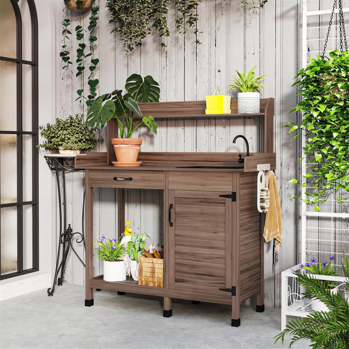 Natural Wood Outdoor Potting Bench with Storage Cabinet,Sink, Faucet and Hooks for Garden Lawn (Brown, 44.5 Inches)
