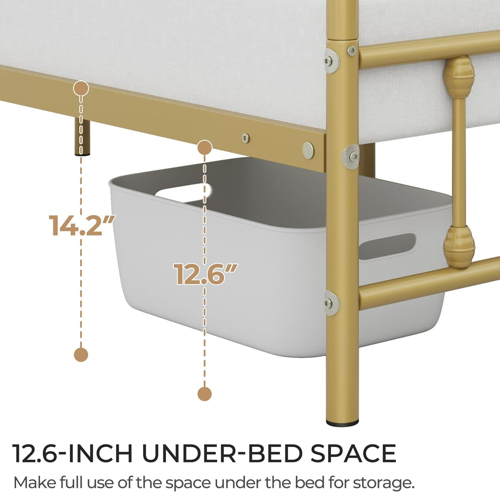 Topeakmart Full Size Victorian Style Metal Bed Frame with Headboard/Mattress Foundation/No Box Spring Needed/Under Bed Storage/Strong Slat Support Antique Gold