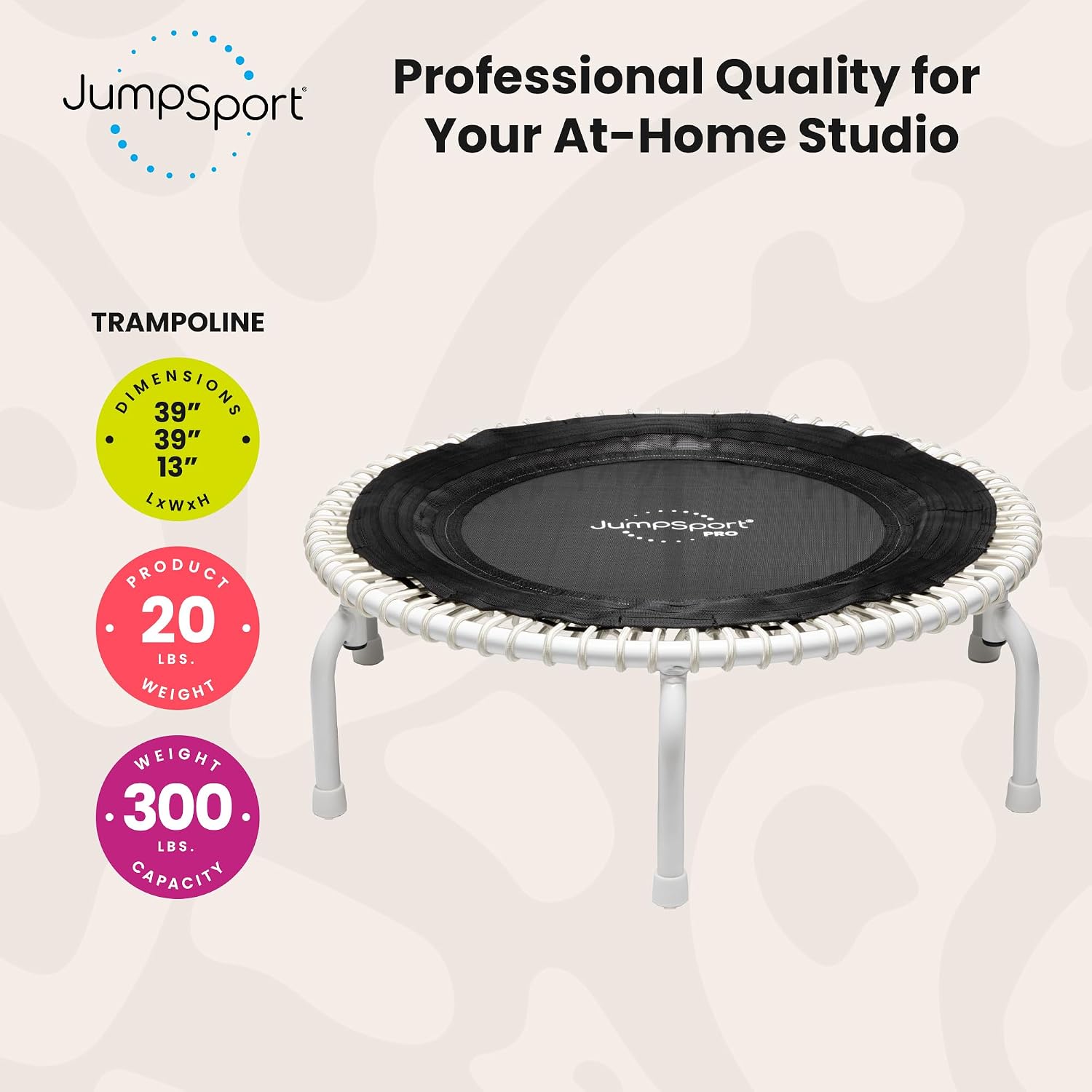 JumpSport 350 PRO 39 Inch Fitness Trampoline Indoor Rebounder Cardio Workout Equipment 300 lb Capacity