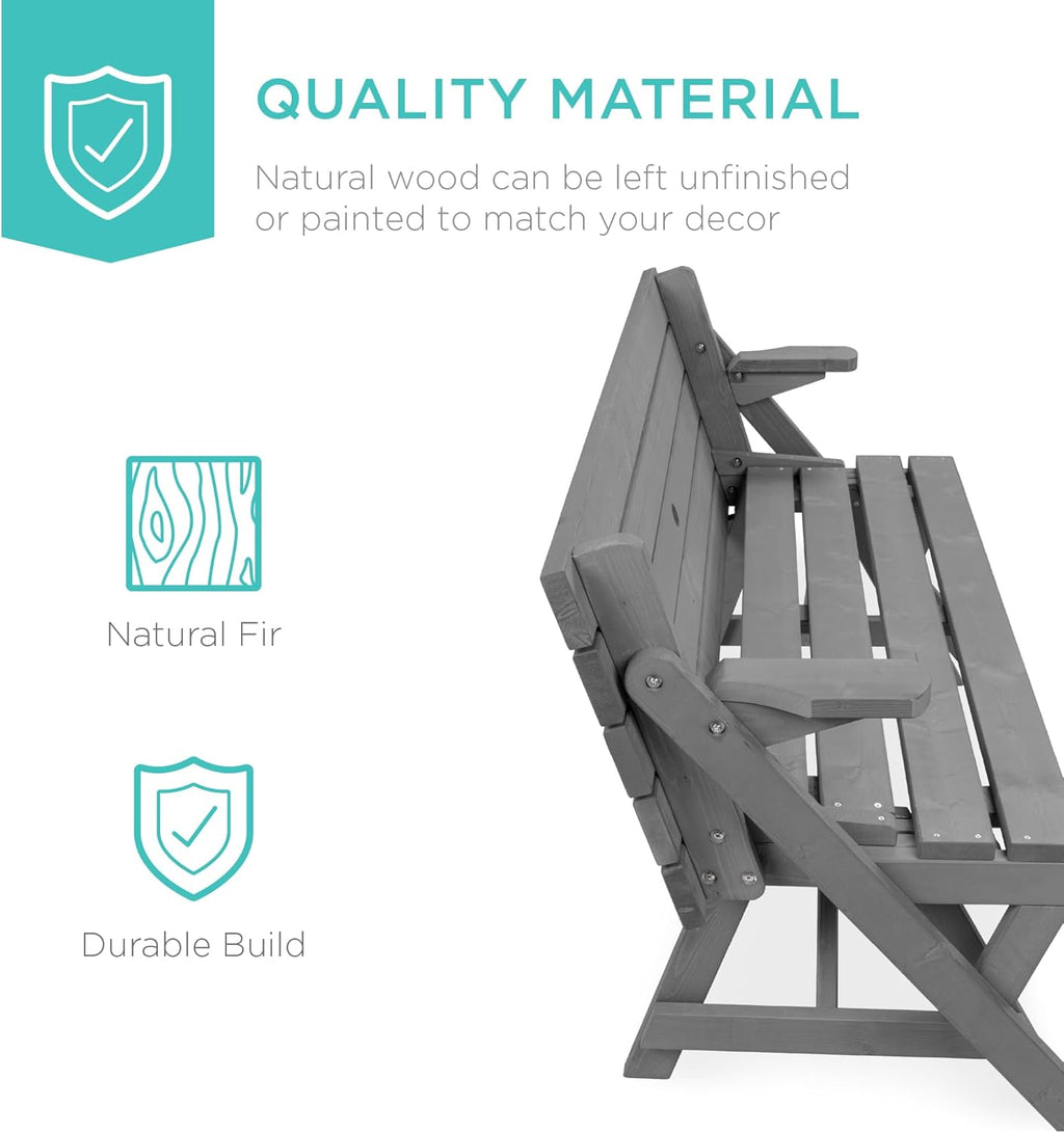 Best Choice Products 2-in-1 Transforming Interchangeable Outdoor Wooden Picnic Table Garden Bench for Backyard, Porch, Patio, Deck w/Umbrella Hole - Gray