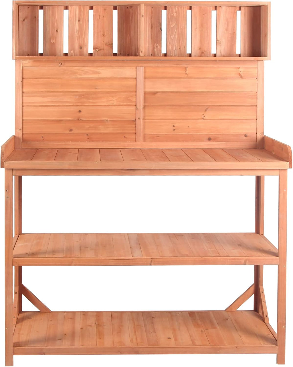 Wooden Potting Bench Table, Farmhouse Rustic Outdoor Storage Bench, Garden Work Bench with 4 Storage Shelves & Side Hook, Outdoor Gardening Table & Work Bench for Plants (Natural)
