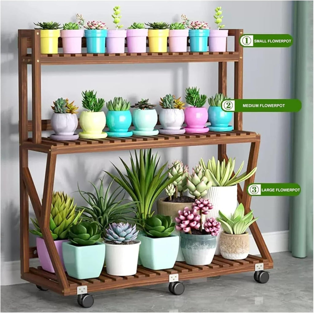 Potting Bench Table,Garden Potting Table, Plant Stands Outdoor Wooden Garden Shelf 3-Tier Plant Shelves with Universal Wheel for Patio Storage and Organizing Garden Items and Plant Accessories ( Color