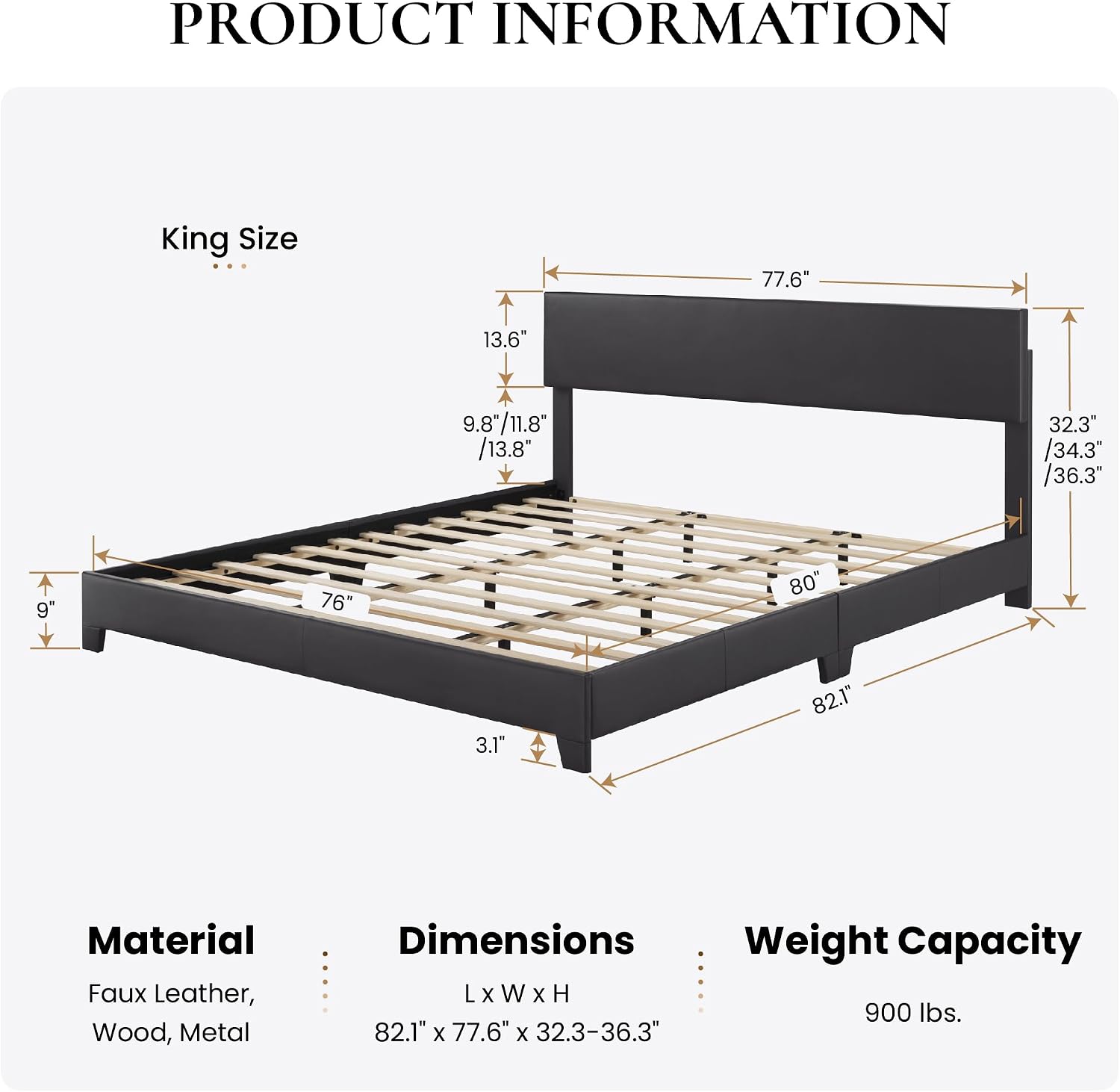 SHA CERLIN Black King Platform Upholstered Bed Frame with Faux Leather Adjustable Headboard,Wood Slats Support, No Box Spring Needed, Easy Assembly, Easy Clean Up