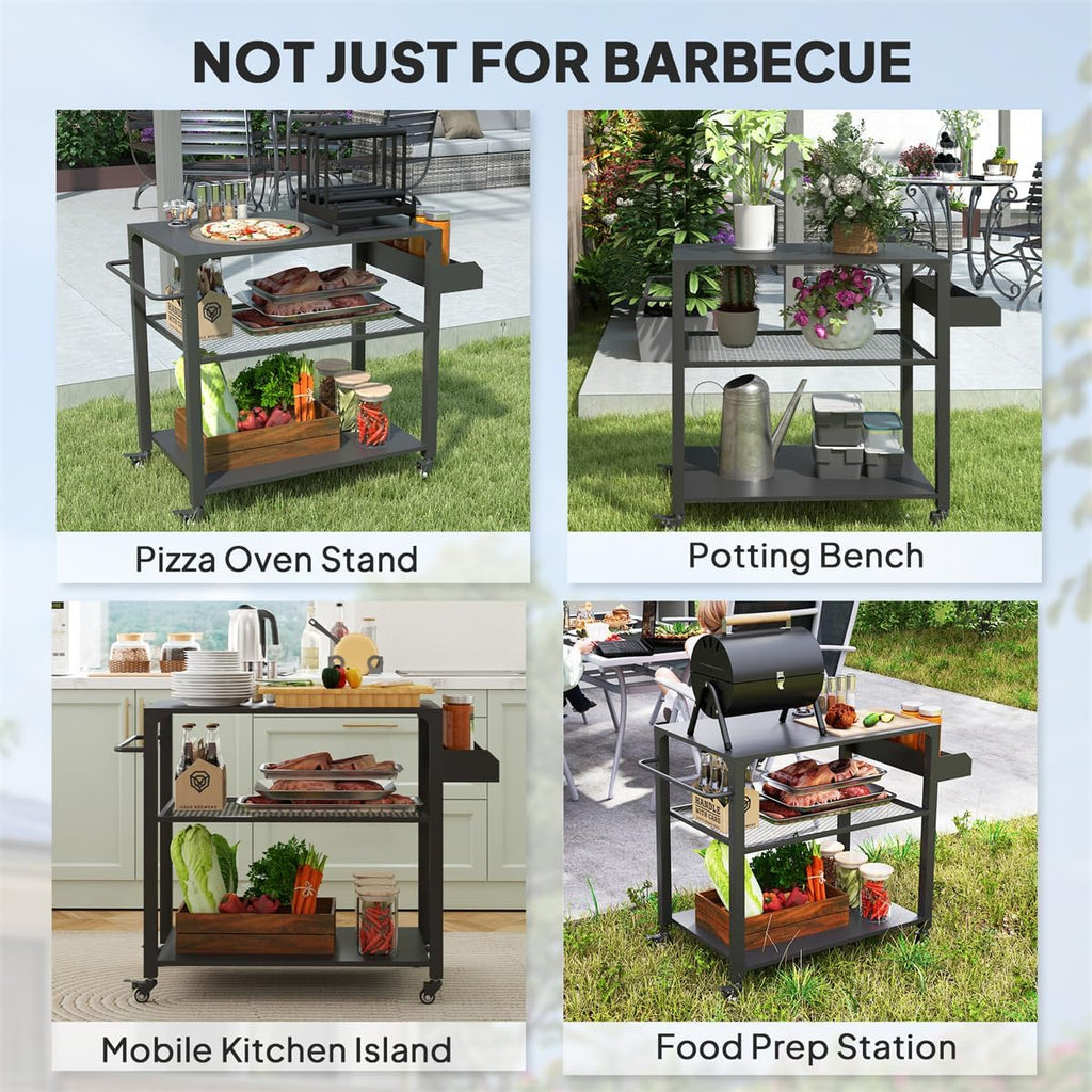 Heavy Duty Camping & Grill Cart with Wheels, 4-Tier Outdoor Serving Station, Stainless Steel Top Portable Kitchen Table for BBQ, Pizza Oven, or Potting Bench