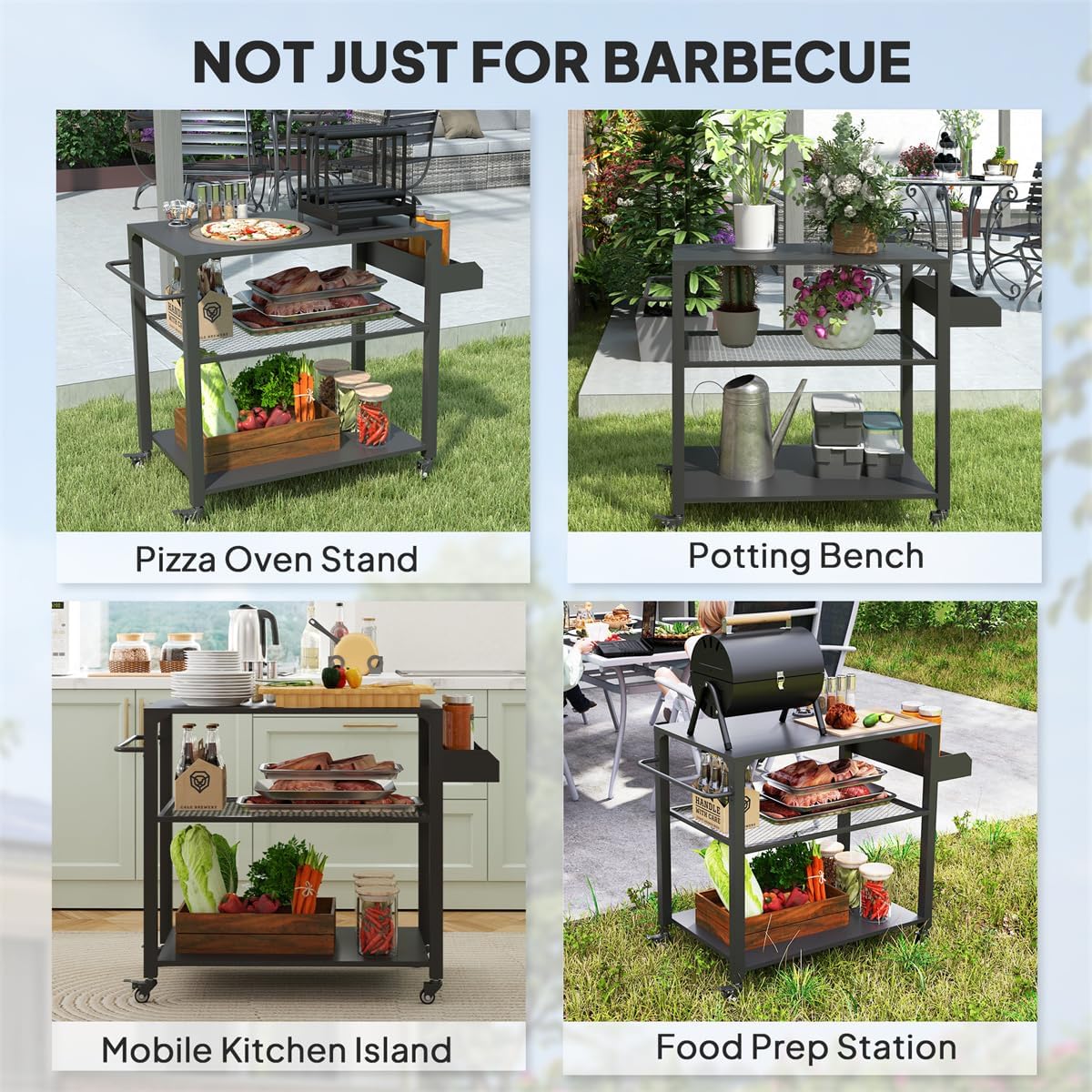 Heavy Duty Camping & Grill Cart with Wheels, 4-Tier Outdoor Serving Station, Stainless Steel Top Portable Kitchen Table for BBQ, Pizza Oven, or Potting Bench