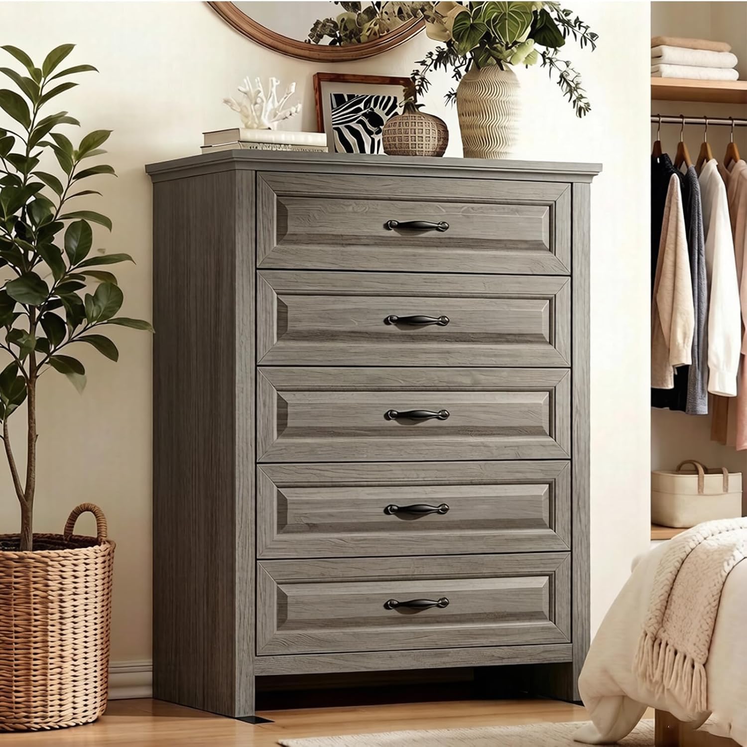 Pipishell Grey 5 Drawers Dresser Chests for Bedroom, 42.7 Inch Tall Wooden Dresser, Farmhouse Storgae Organizer with Large Drawers & Bar Handles for Bedroom, Entryway, Hallway, Grey