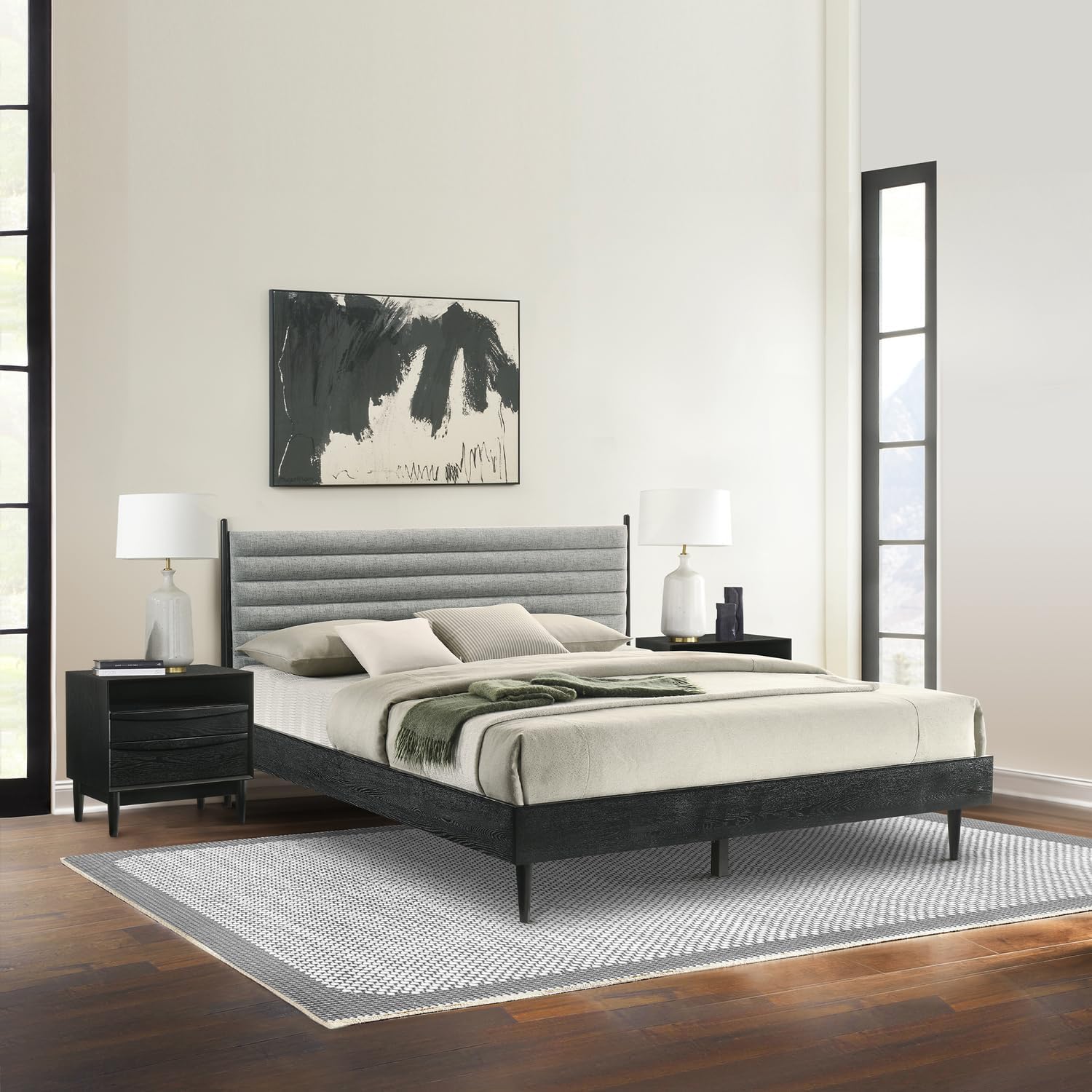 HomeStock King Bedroom Set Wood 3 Piece - Black Finish Bed Nightstands Modern Style