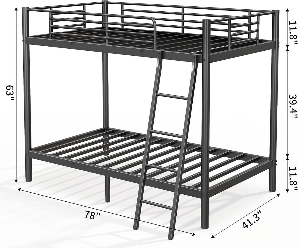 Bunk Bed Twin Over Twin, Heavy Duty Metal Bunk Bed with Ladder, More Stable and Safe for Teens, Students or Roommates, Space Saving for Apartment, Dorm or Small Room, Easy Assembly, Black