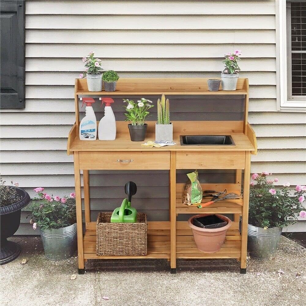 Potting Bench Table Patio Outdoor Garden Work Station Planting Shelf Sink Drawer Solid Wood Construction, Deck, Balcony anXella (Color : B)