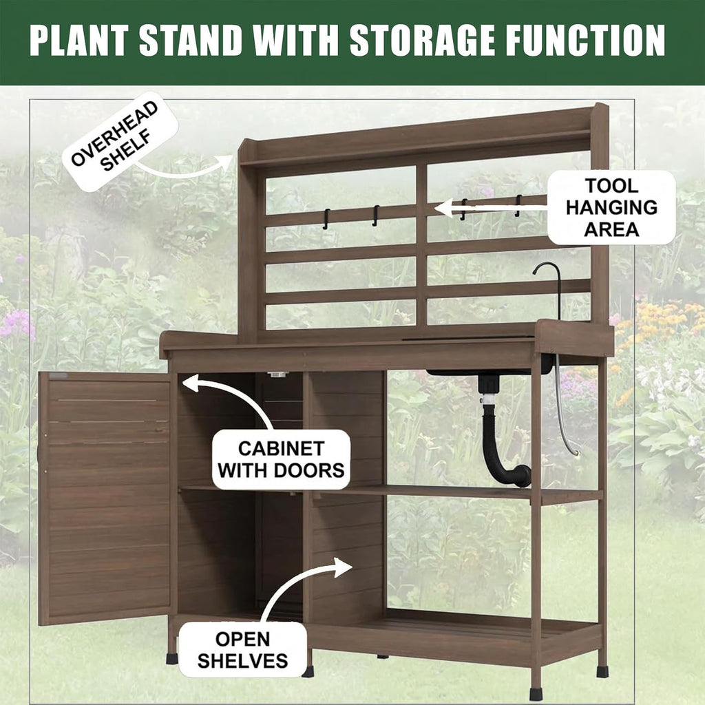 Potting Table, Wooden Potting Bench with Sink Table, Sturdy Garden Work Bench for Outside, Planting Table with Storage Cabinet & Top Shelf, Farmhouse Style, Natural Wood (Dark Brown)