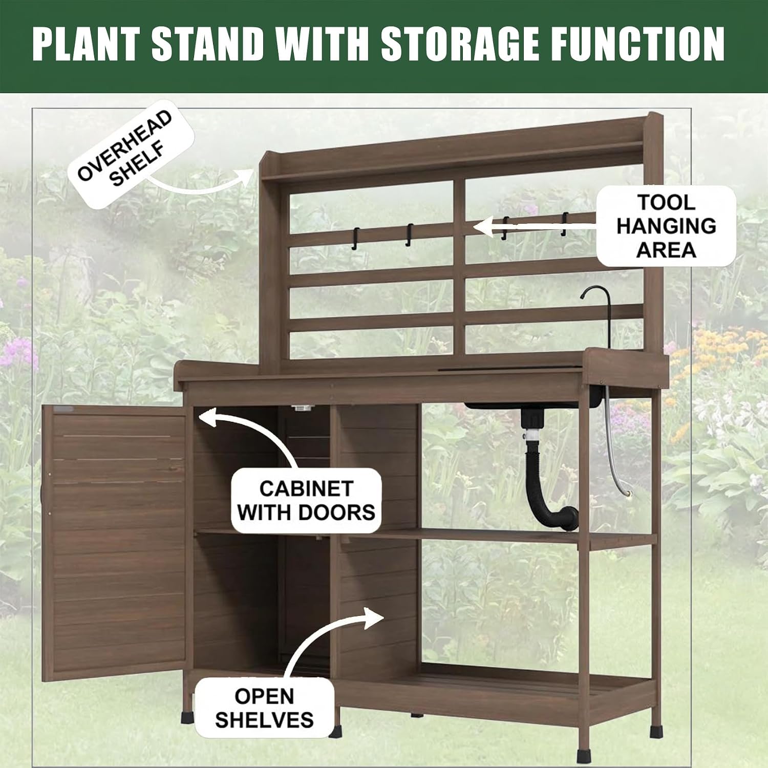 Potting Table, Wooden Potting Bench with Sink Table, Sturdy Garden Work Bench for Outside, Planting Table with Storage Cabinet & Top Shelf, Farmhouse Style, Natural Wood (Dark Brown)