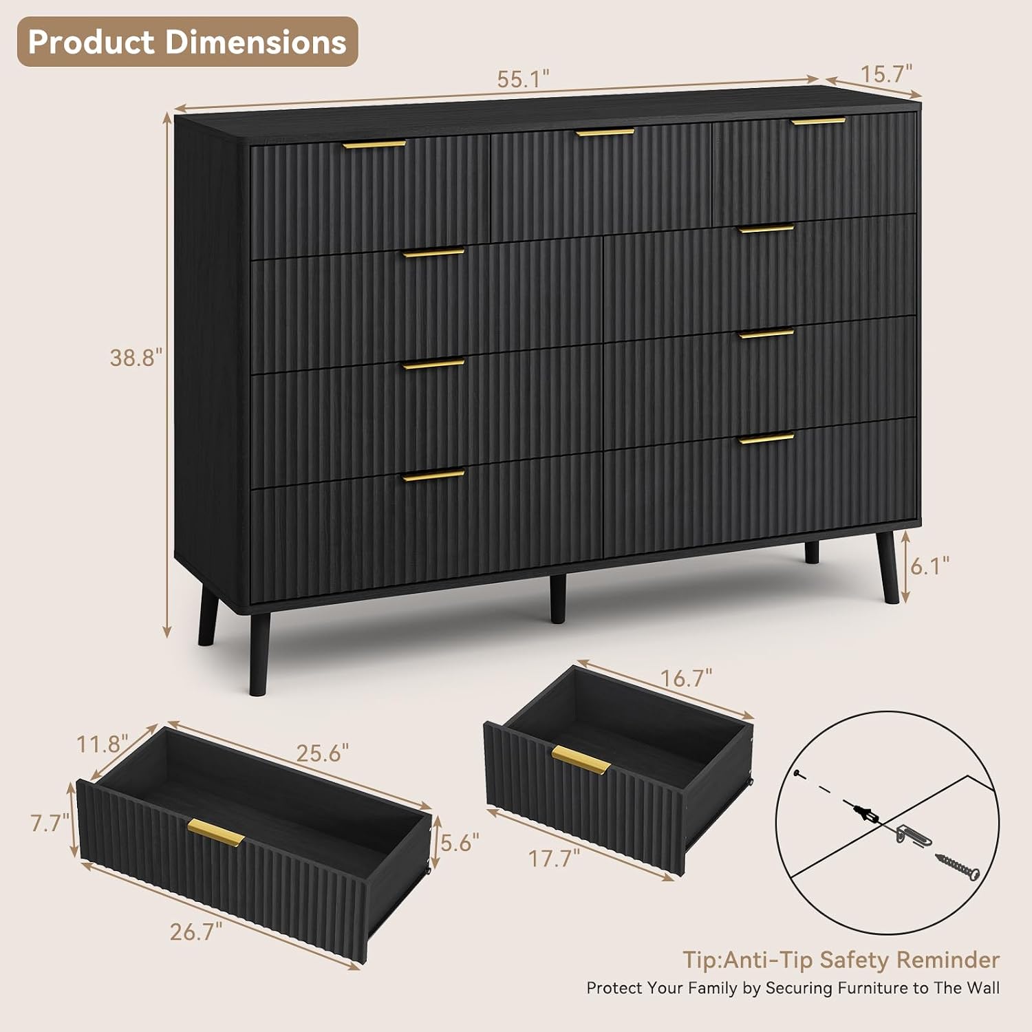 CARPETNAL Fluted 9 Drawer Dresser for Bedroom, 55' Wide Wooden Chest of Drawers with Rounded Corners, Gold Handles, Modern Storage Organizer for Bedroom, Hallway(Black)