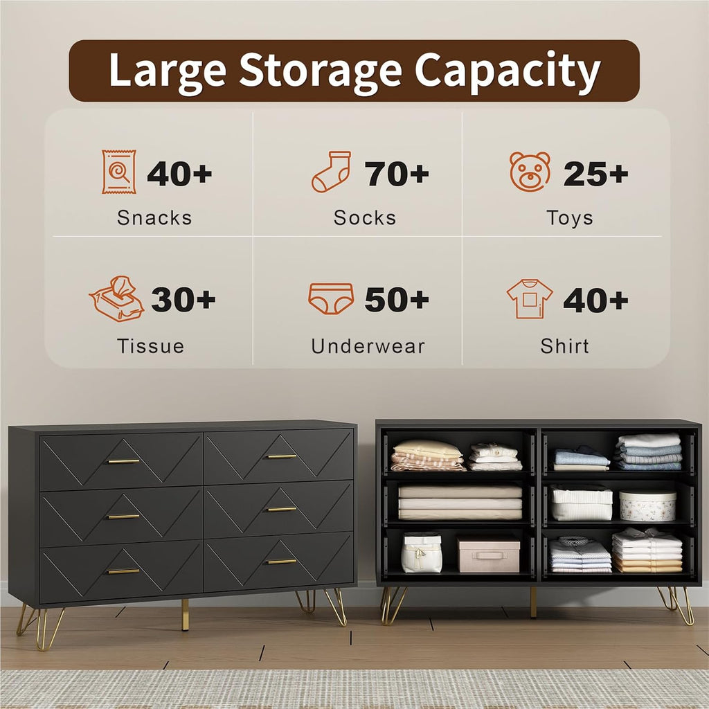 6 Drawer Black Dresser for Bedroom, Modern Chest of Drawers with Deep Drawers,Wood Dresser with Gold Metal Handles for Bedroom, Living Room, Hallway