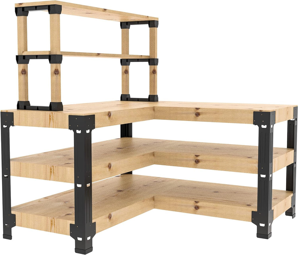 FLEXIMOUNTS Steel Workbench Kit 5 Legs with Shelf Brackets L Shaped Heavy Duty Work Bench for Garage Workshop Storage Shelving Workbenches Frame Black Customize Work Table, Lumber Not Included