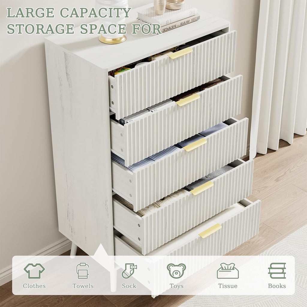 LYNSOM Fluted 5 Drawers Dresser, 45' Tall Modern Chest of Drawers with Curved Profile Design and Metal Handle, Wood Drawer Organizer for Bedroom, Living Room, Hallway, Entryway, White