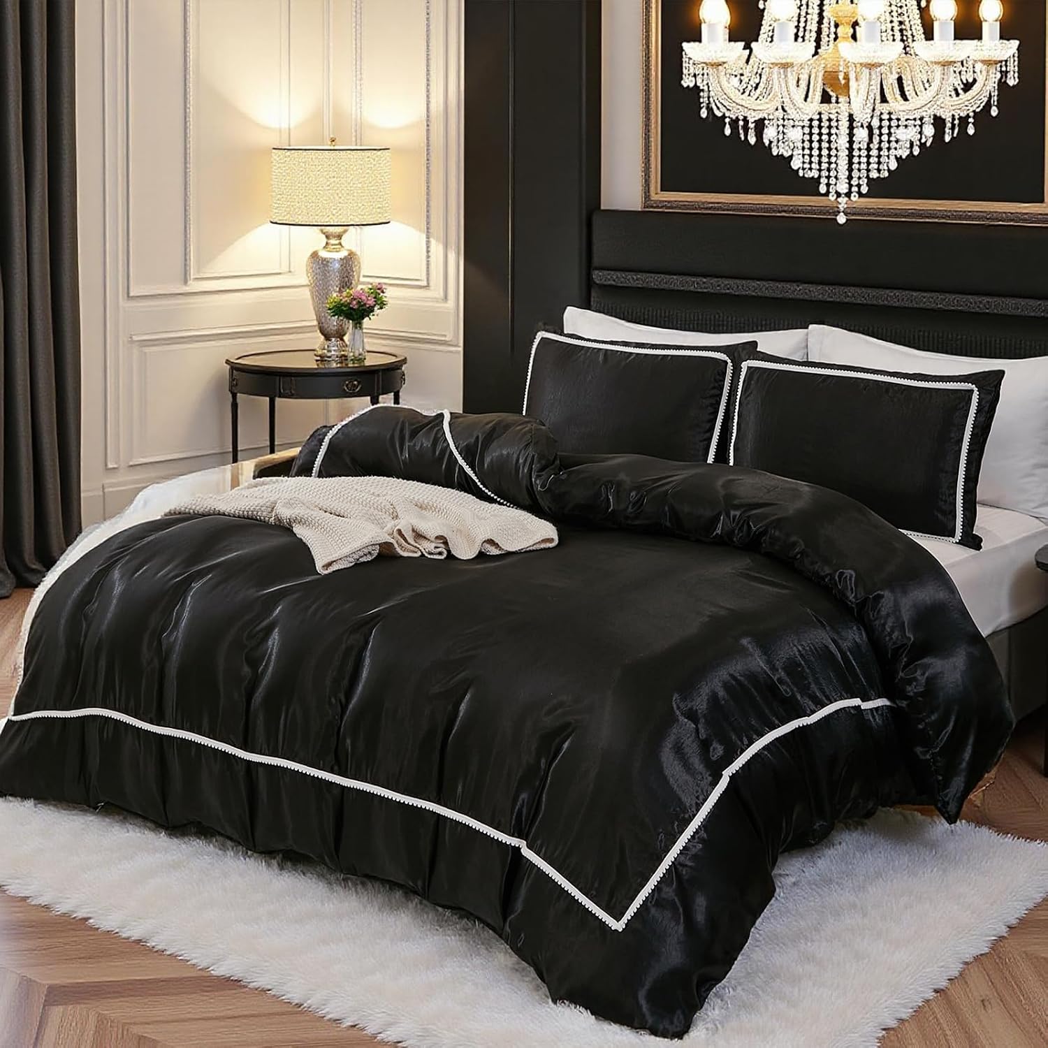 Herside Black Satin Comforter Set 7 Pieces King Size Bed in a Bag Luxurious Satin Bedding Set with Comforter Pillowcases and Sheets Sets Mini Pompoms Design Super Soft Silky Bed Set for All Seasons