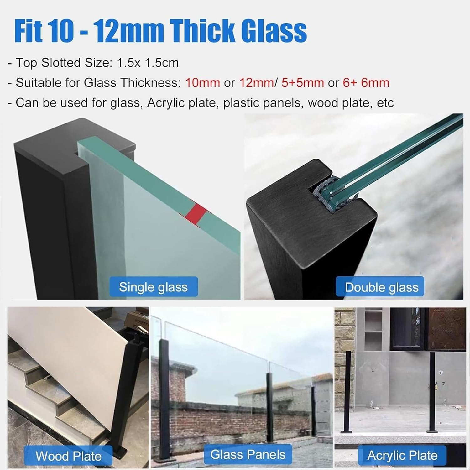 Custom Heights Wall Side Mount Black Glass Railing Post Side Mount, Outdoor Pool Fence Panels Baluster Post, Deck Railing System with Complete Kit for Exterior Steps Villas Balcony/ Stairway(Right End