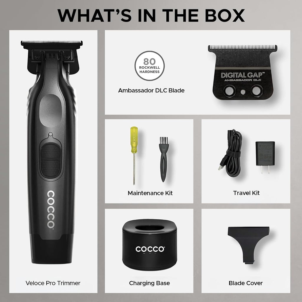 Cocco Veloce Pro Trimmer, Digital Gap Ambassador DLC Blade Edger | High-Torque Brushless BLDC Motor, Cordless, All-Metal Design, Lithium-Ion Battery, Charging Base Included