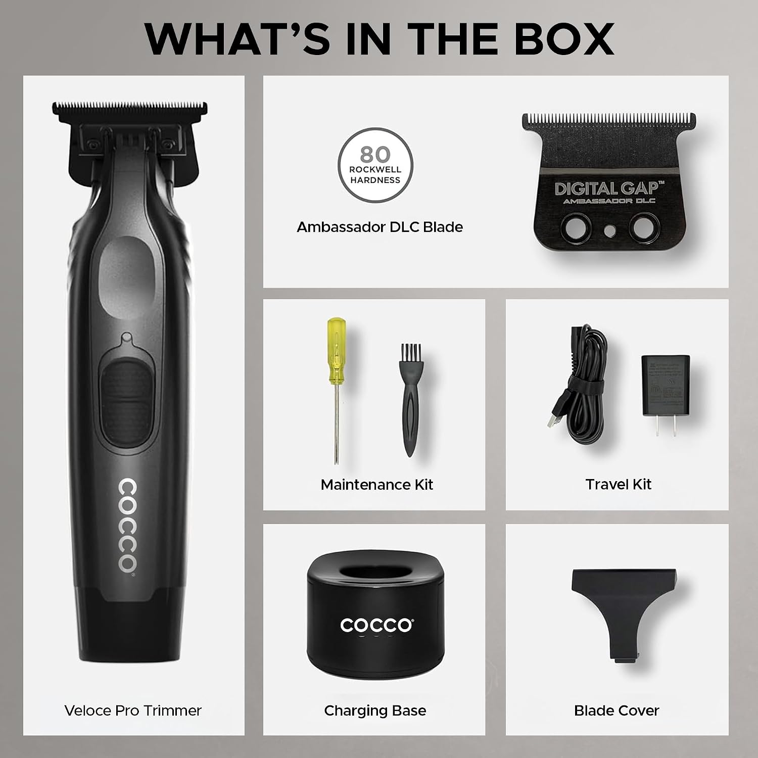 Cocco Veloce Pro Trimmer, Digital Gap Ambassador DLC Blade Edger | High-Torque Brushless BLDC Motor, Cordless, All-Metal Design, Lithium-Ion Battery, Charging Base Included