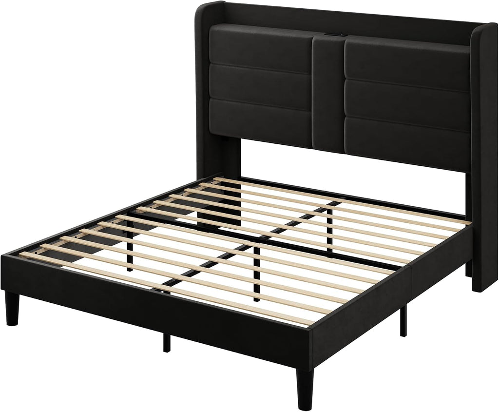 Allewie Queen Size Platform Bed Frame with Charging Station & Storage Headboard, Upholstered Velvet Wingback Design & USB Port, Strong Wooden Slats Support, No Box Spring Needed, Easy Assembly, Black