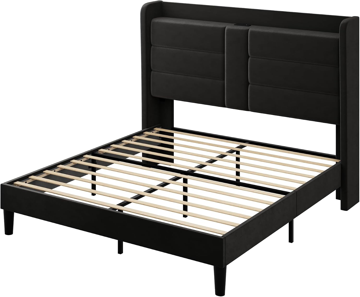 Allewie Queen Size Platform Bed Frame with Charging Station & Storage Headboard, Upholstered Velvet Wingback Design & USB Port, Strong Wooden Slats Support, No Box Spring Needed, Easy Assembly, Black