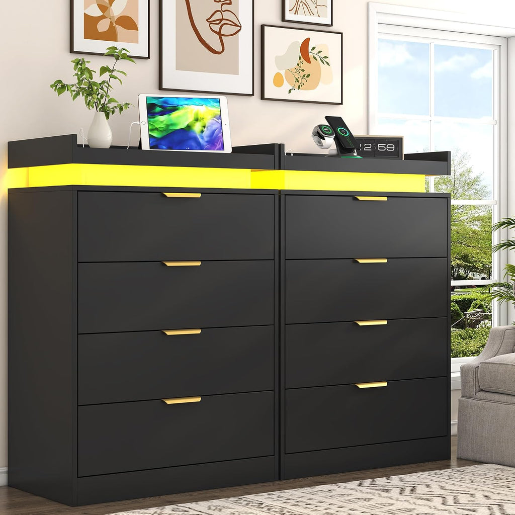 UNIQUITE Black Dresser with LED Lights and Power Outlet, Wooden 4 Drawer Dresser Tall Dresser for Bedroom, Modern Chest of Drawers Closet Organizer for Bedroom, Entryway, Hallway