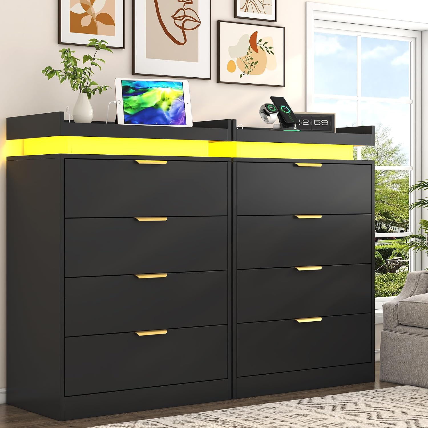 UNIQUITE Black Dresser with LED Lights and Power Outlet, Wooden 4 Drawer Dresser Tall Dresser for Bedroom, Modern Chest of Drawers Closet Organizer for Bedroom, Entryway, Hallway