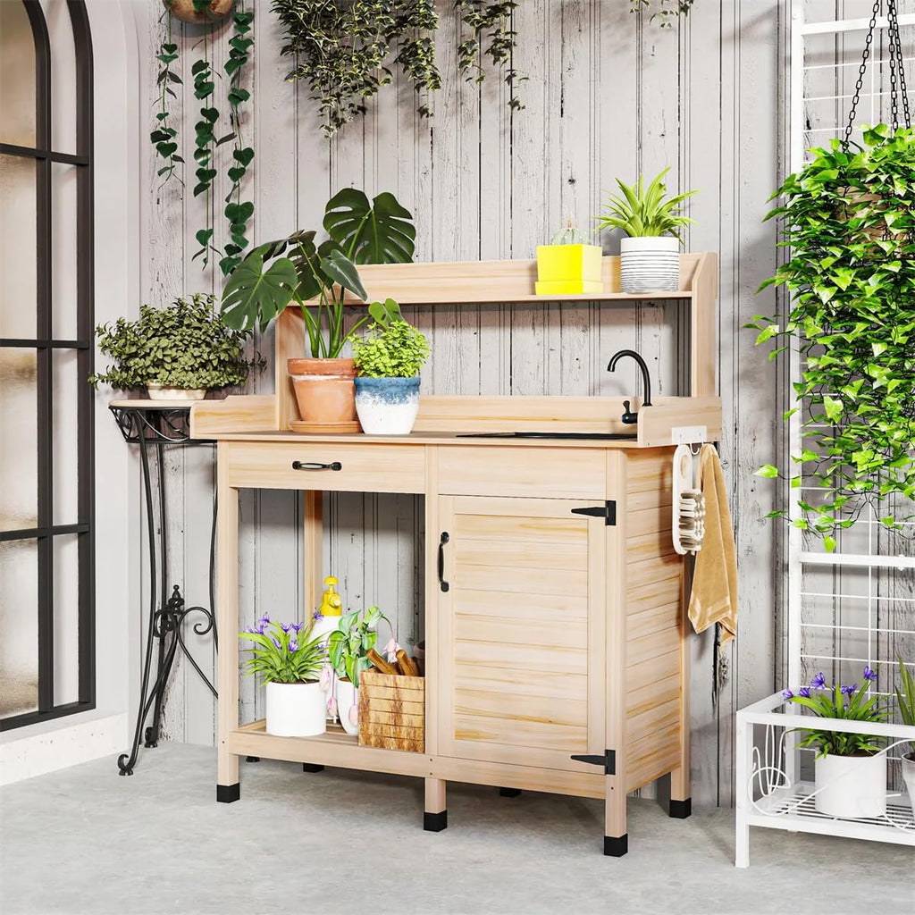 Outdoor Potting Bench with Storage Cabinet, Sink, Faucet and Hooks (Natural, 44.5' Length)