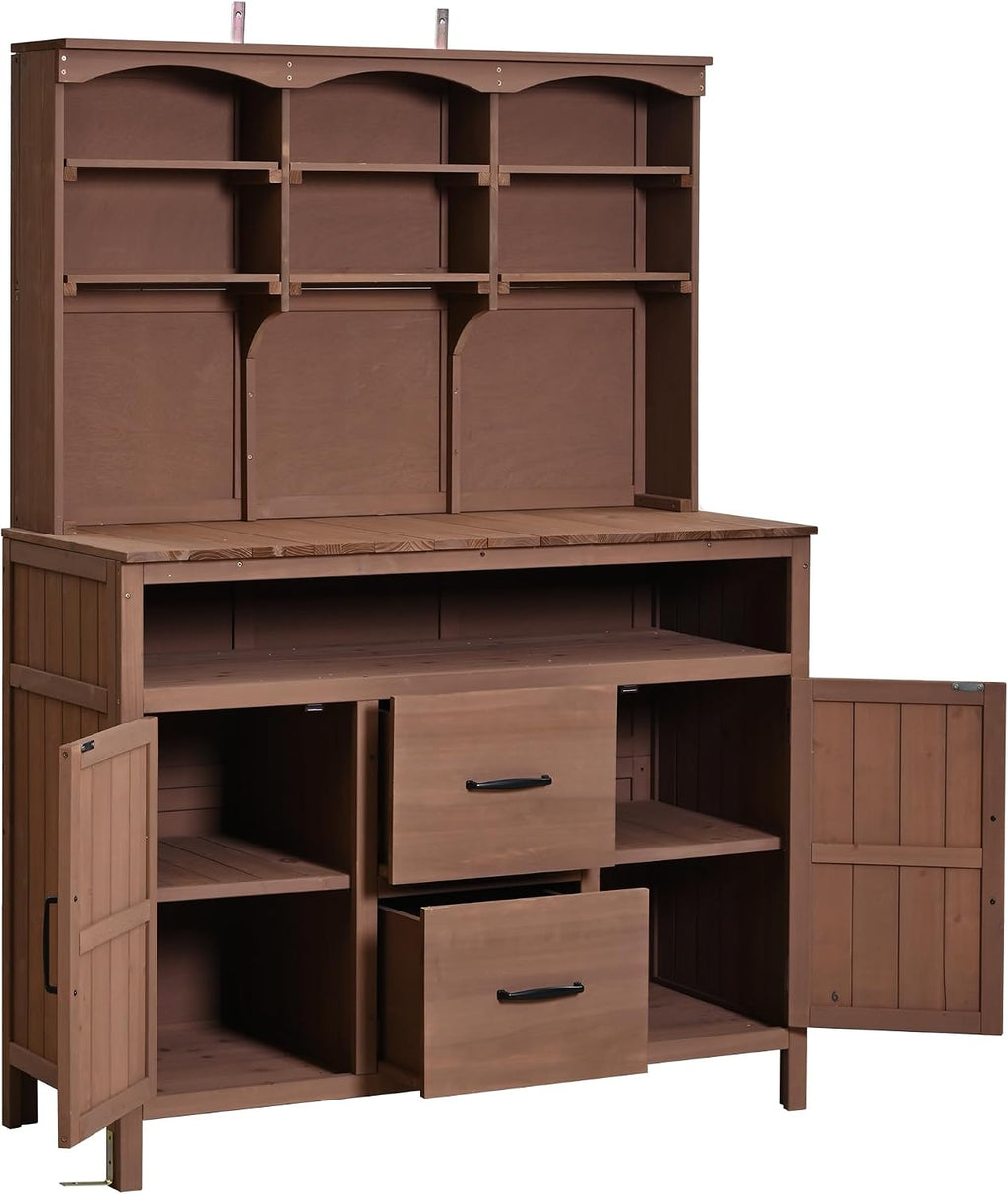 Roomfitters Outdoor Garden Potting Bench with Storage Hutch, Potting Table with Drawers and Cabinets, Shelves, Brown