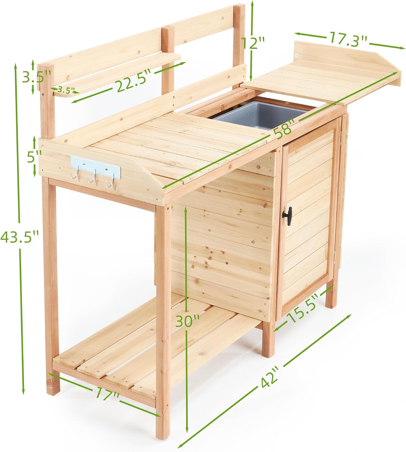 Outdoor Potting Bench Table with Sink and Storage Cabinet - Gardening Workstation for Patio and Lawn Organization with Sliding Tabletop and Tool Hooks