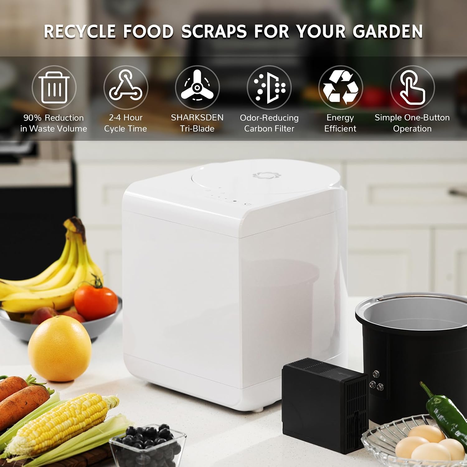 Airthereal R500 Electric Kitchen Composter with SHARKSDEN Tri-Blade | Turns Food Scraps into Dry Fertilizer in 4 Hours | Odorless Countertop Waste Recycler, 2.5L, Dishwasher Safe (Glossy Pearl White)
