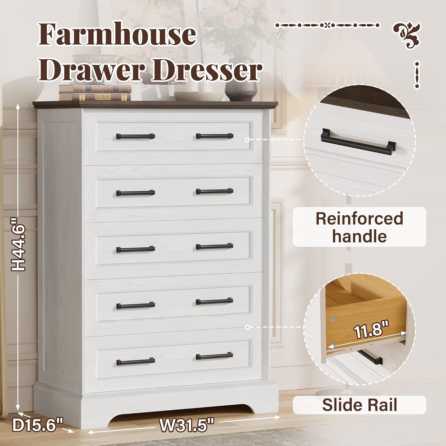 Furmax Farmhouse Dresser for Bedroom, 5 Drawers Dresser, Wood Chest of Drawers, 31.5' Wide Storage Dressers Organizer for Bedroom, Living Room (White and Brown)