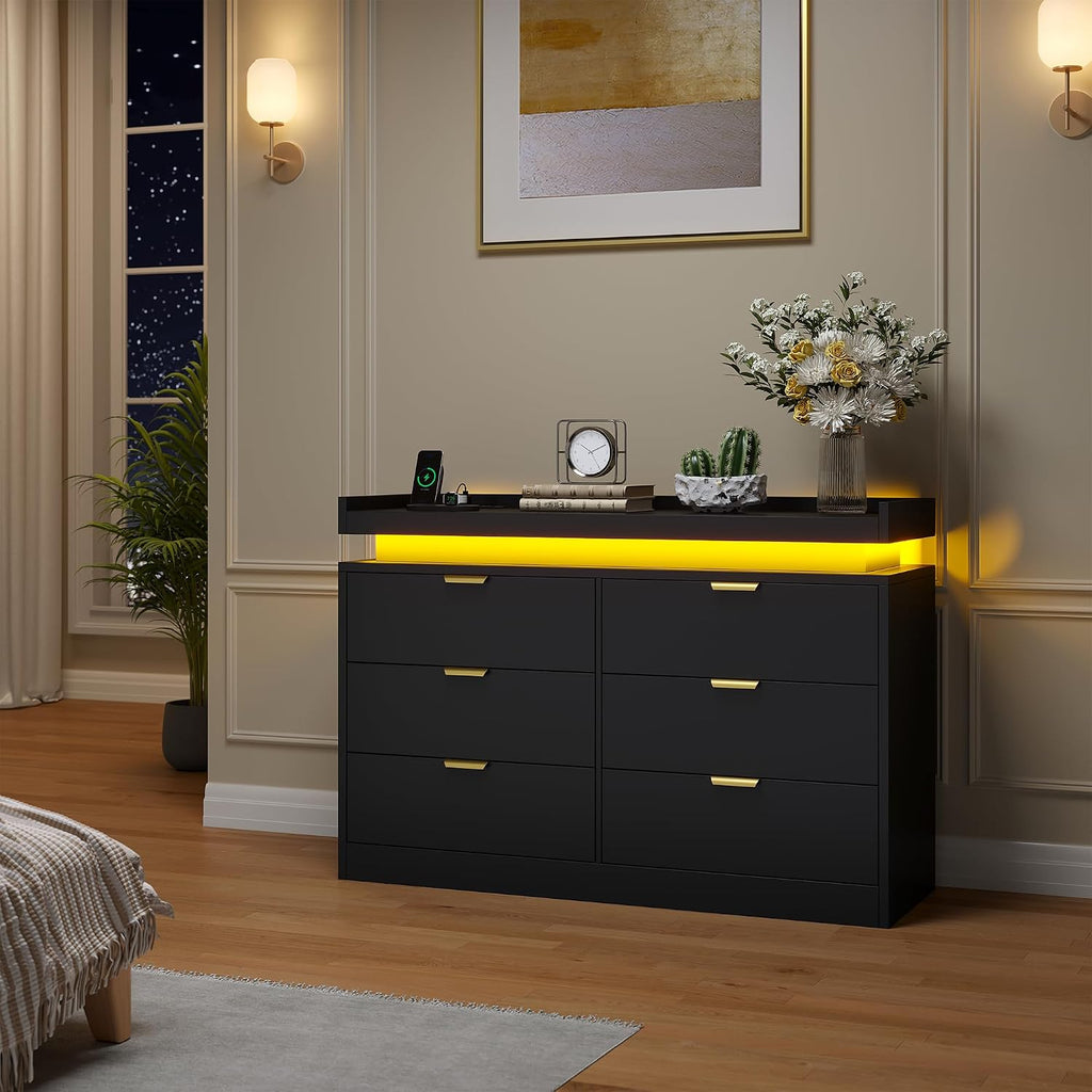 knoworld 6 Drawer Dresser for Bedroom, Black Dresser with LED Lights and Power Outlet, Large Wooden Dressers Modern Chest of Drawers, Double Wide 6 Drawer Dressers for Bedroom, Entryway, Hallway