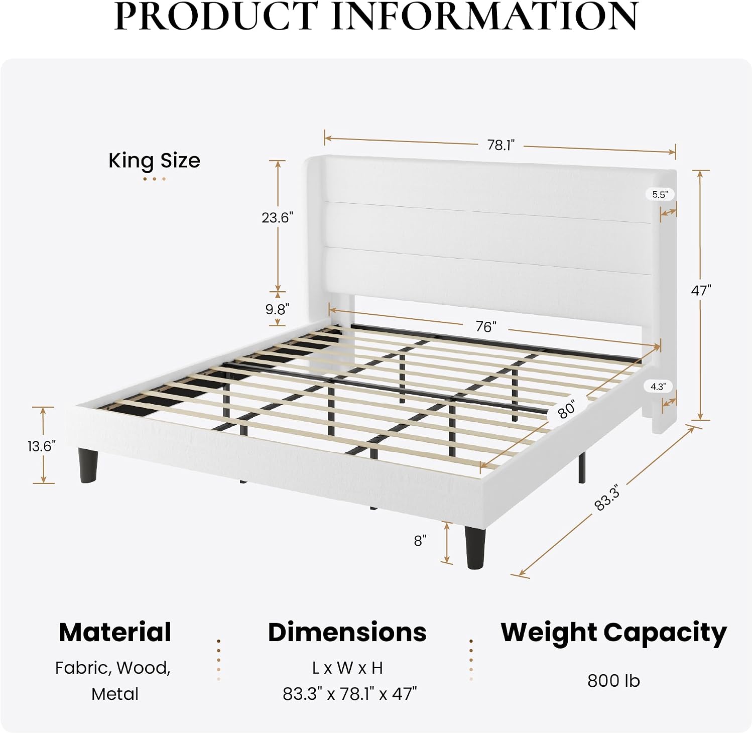 SHA CERLIN King Size Velvet Bed Frame with Wingback Headboard/Upholstered Platform Bed with Wooden Slats/Mattress Foundation/No Box Spring Needed/Easy Assembly/White
