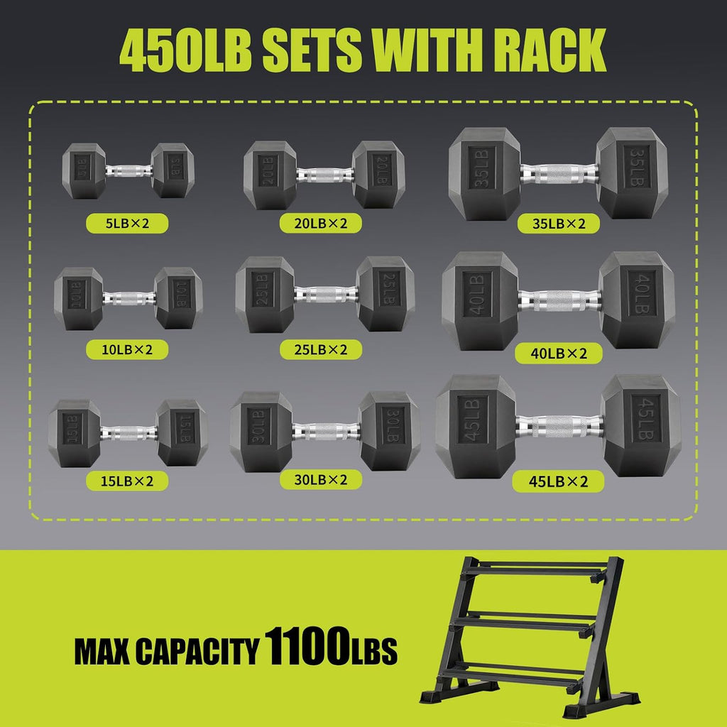 550LB 450LB 350LB Dumbbell Set with Rack Rubber Coated Dumbbells 5-50 Hex Weights Dumbbells Set for Home Workout Complete Weight Set with Rack Heavy