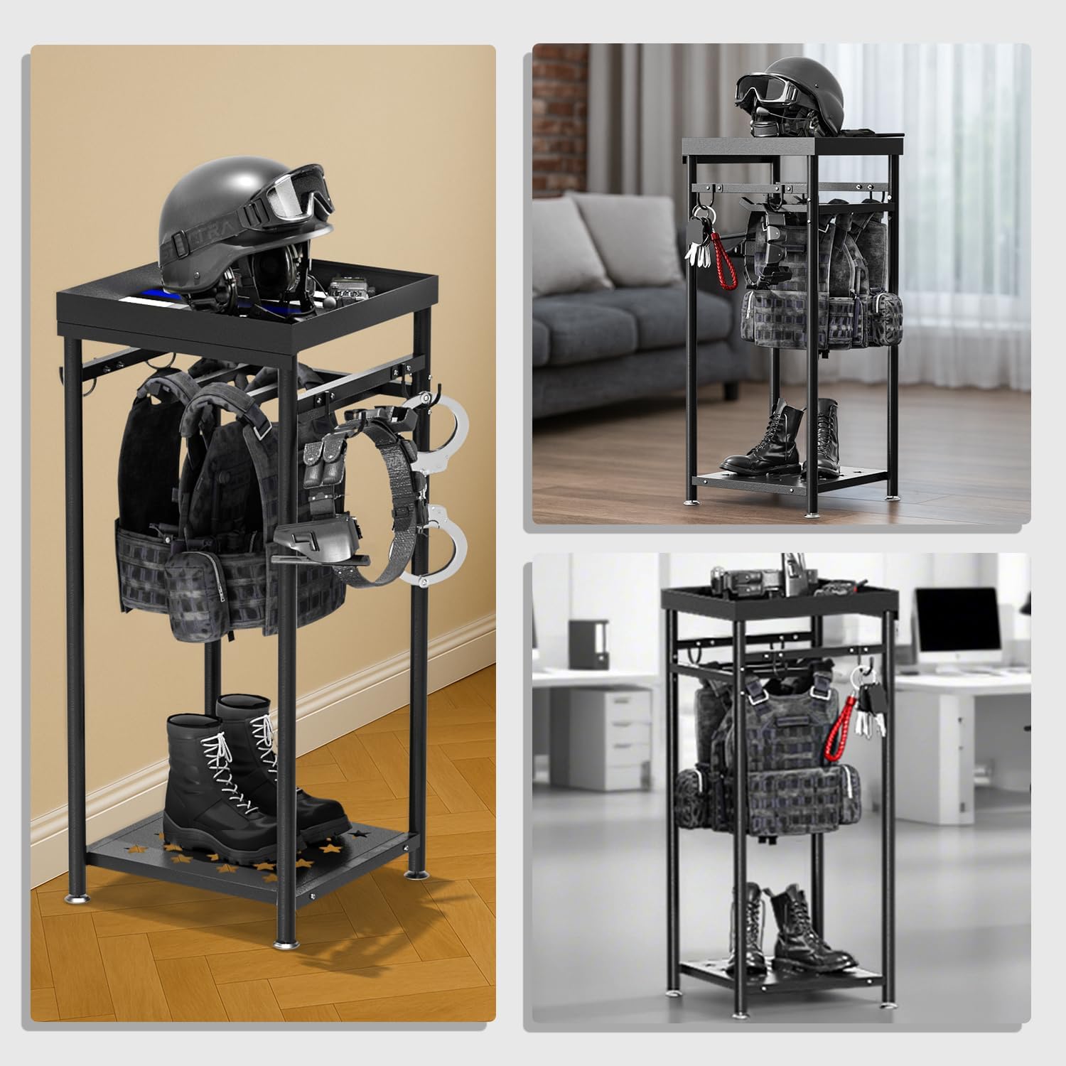 Freestanding Police Gear Stand with Hooks, Heavy Duty Metal Hanger for Body Armor, Duty Belt, Vest & Uniform Storage, Black Tactical Gear Rack Fits Law Enforcement, Security, Academy Graduation Gift