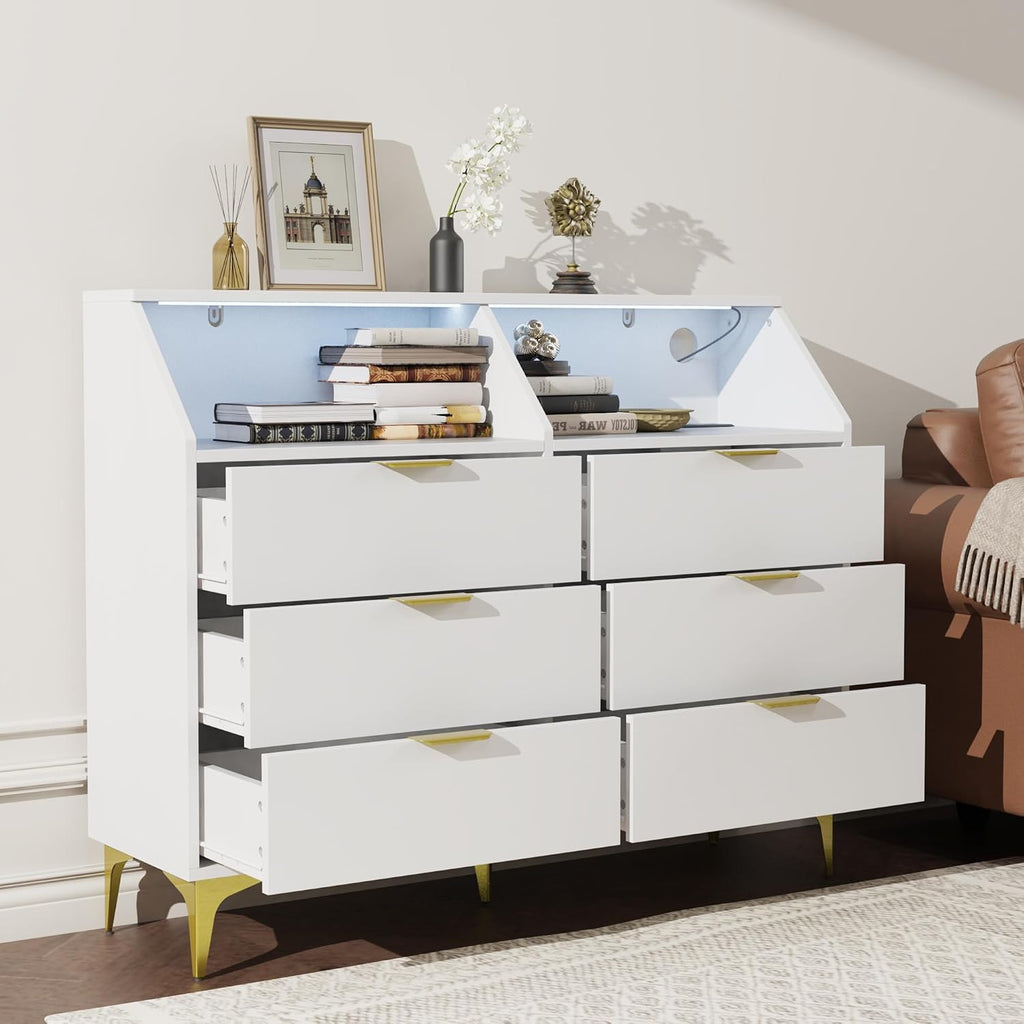 6 Drawer Dresser for Bedroom with Charging Station and LED Lights, Modern Double Dresser, Large Chest of Drawers with Open Space, LED Storage Cabinet for Living Room (White-Gold)